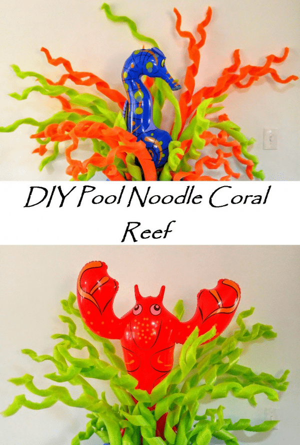 Two examples of pool noodle coral reefs at sea party.