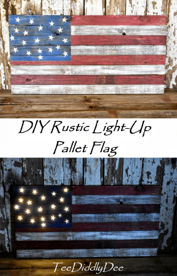 DIY Light-Up Pallet Flag lit up and in daylight.