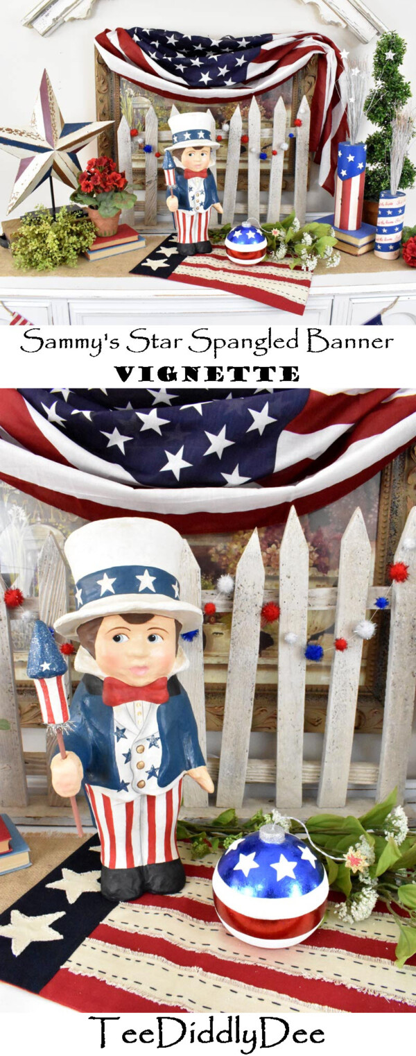 Sammys Star Spangled Banner Vignette with paper mache Sammy Figurine.