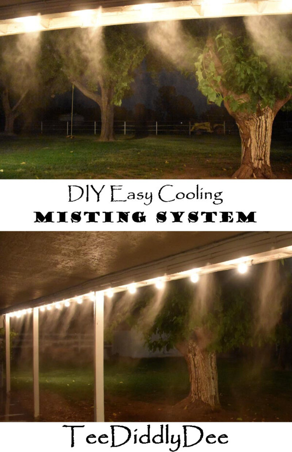 Double image of misting system spraying at night, lit up by lights.